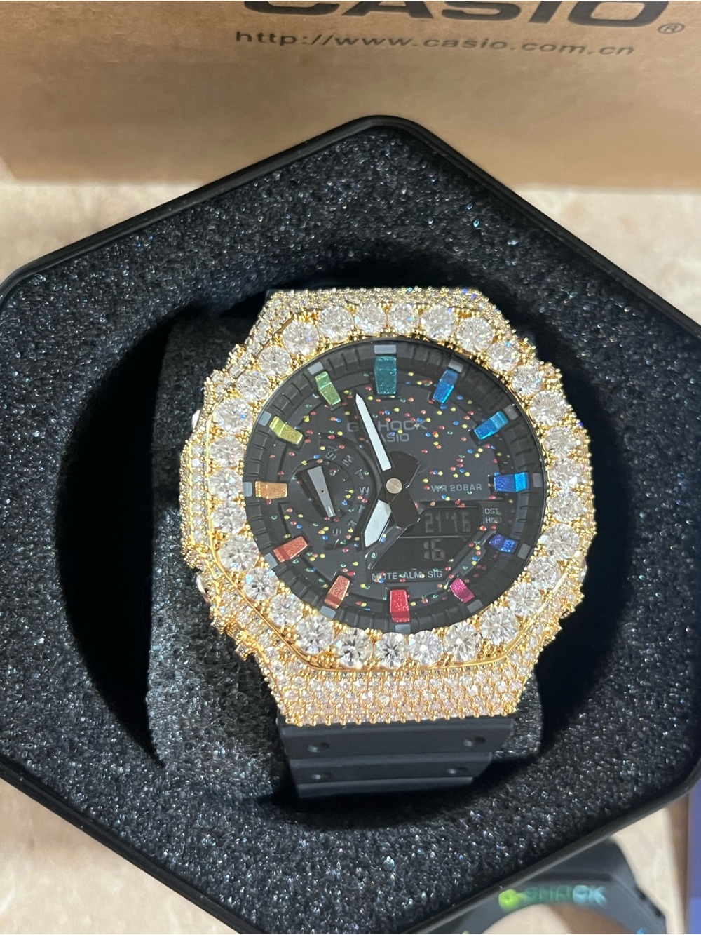 Casio Gold Crystal Bezel Watch with Black Dial and Multicolor Markers